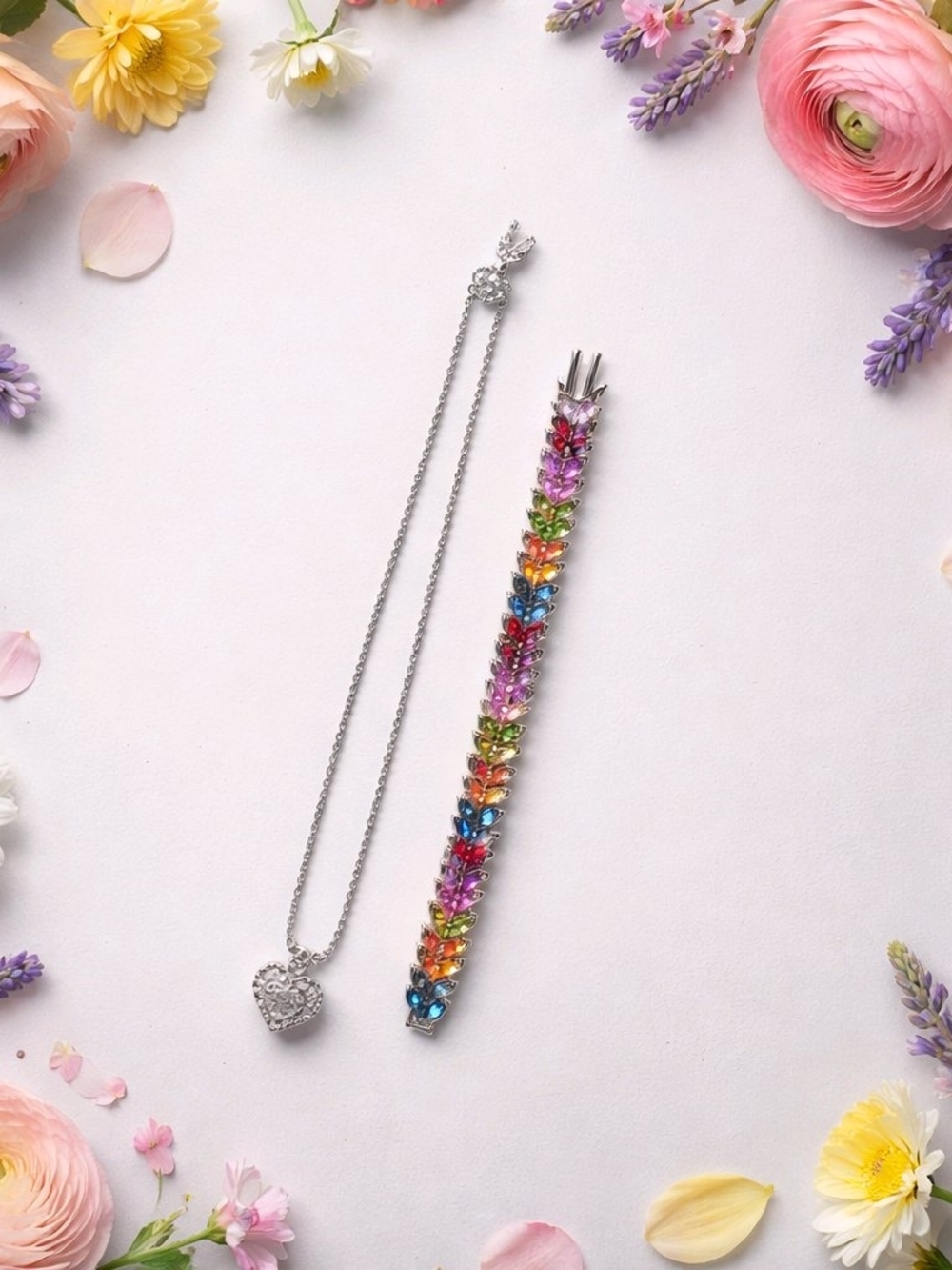 SALE-White Gold Filled Heart Pendant Necklace with Multicolor Bracelet $35